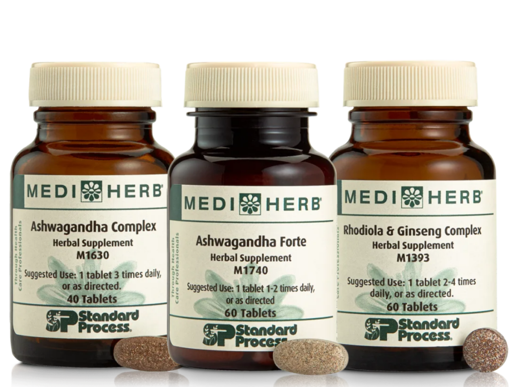 Adaptogenic herb supplements from Mediherb. Ashwagandha Complex, Ashwagandha Forte, and Rhodiola & Ginseng complex